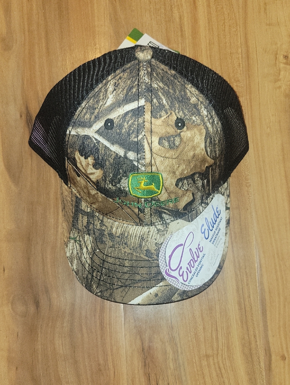 John Deere Camo Trucker Hat with Black Mesh and Green Logo